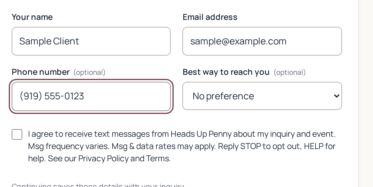 Heads Up Penny inquiry form step 1: name, email, optional phone number, contact preference, and the unchecked SMS consent checkbox with disclosure text